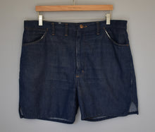 Load image into Gallery viewer, Vintage 70s Dark Wash Upcycled Denim Shorts Size Large to XL