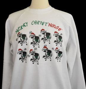 Vintage 80s Mooing Cows Christmas Raglan Sweatshirt Size Large to XL
