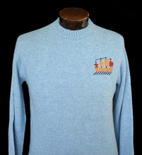 Load image into Gallery viewer, Vintage 70s  Viking Ship Embroidered Light Heather Blue Crewneck Sweater Size Medium