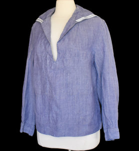 Vintage 60s French Marine Nationale Medium Wash Denim Popover Shirt Size Medium to Large