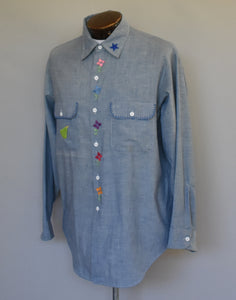 Vintage 70s Floral Embroidered Chambray Shirt Size Large to XL