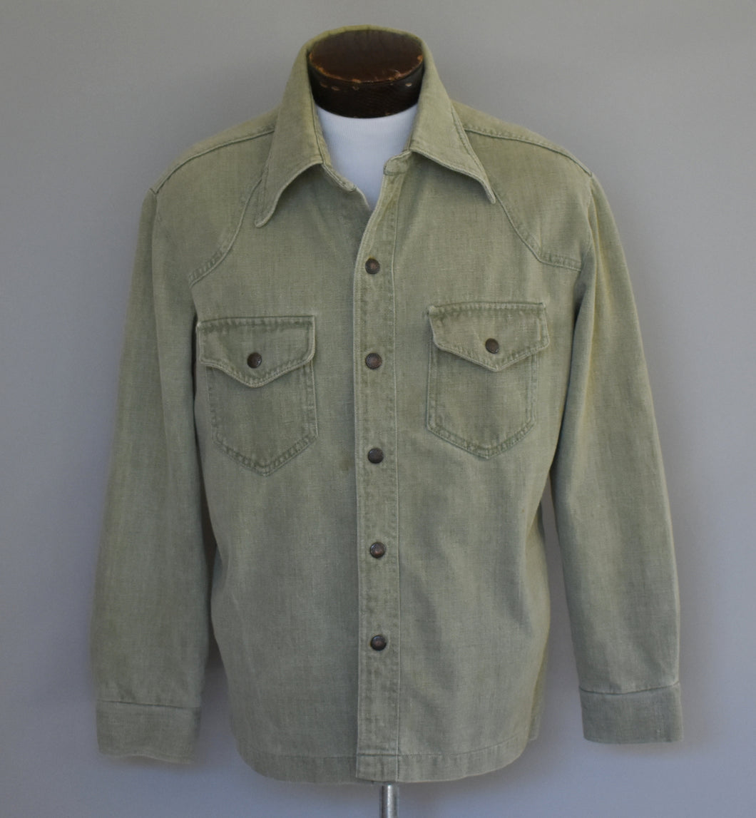 Vintage 70s Snap Front Green Denim Jacket Size Medium to Large