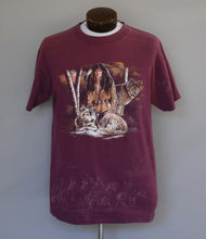Load image into Gallery viewer, Vintage 90s Native American Woman Warrior Wolf Pack Tee Size Medium to Large