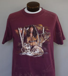 Vintage 90s Native American Woman Warrior Wolf Pack Tee Size Medium to Large