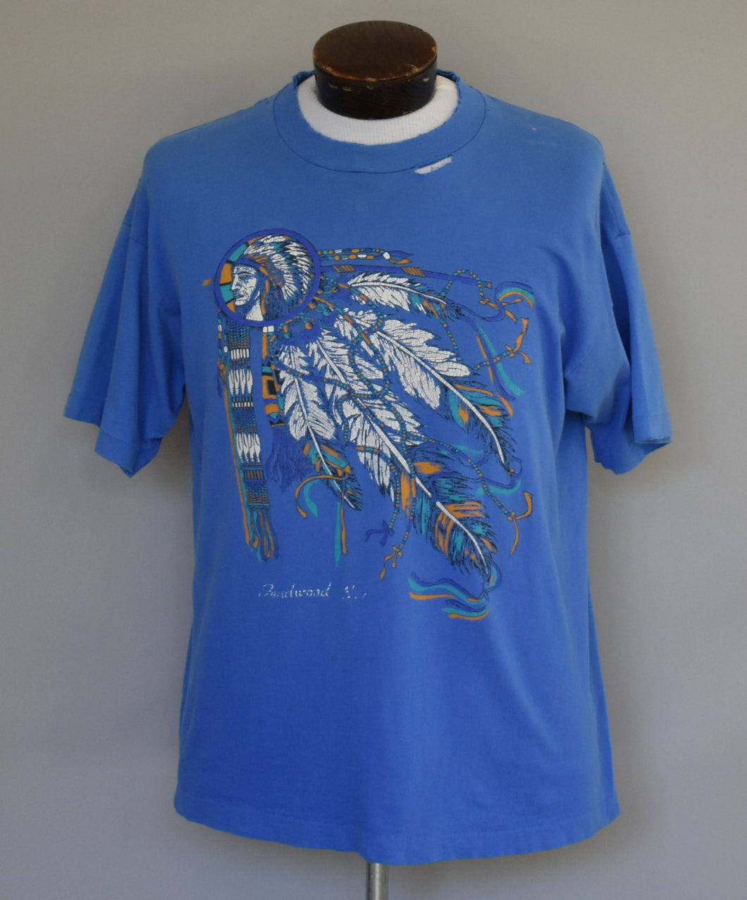 Vintage 90s Native American Warrior Destroyed Tee Size Large to XL