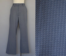 Load image into Gallery viewer, Vintage 70s Blue &amp; White Geometric Print Polyester Mod High Waist Slacks Size 34&quot; x 28 1/4&quot;