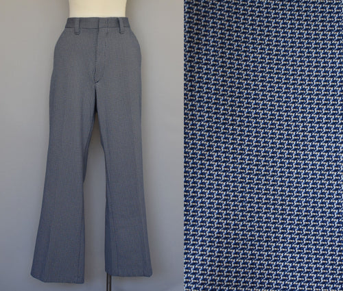 Vintage 70s Blue & White Geometric Print Polyester Mod High Waist Slacks Size 34
