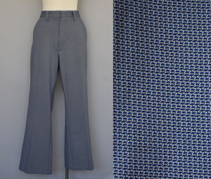 Vintage 70s Blue & White Geometric Print Polyester Mod High Waist Slacks Size 34" x 28 1/4"