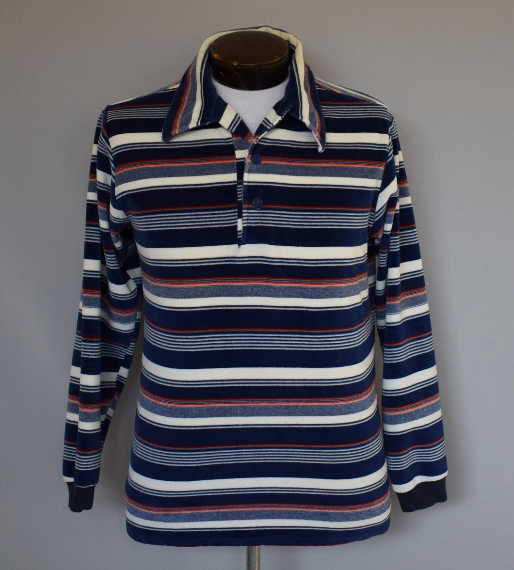 Vintage 70s  Striped Velour Johnny Collar Shirt Size Medium to Large