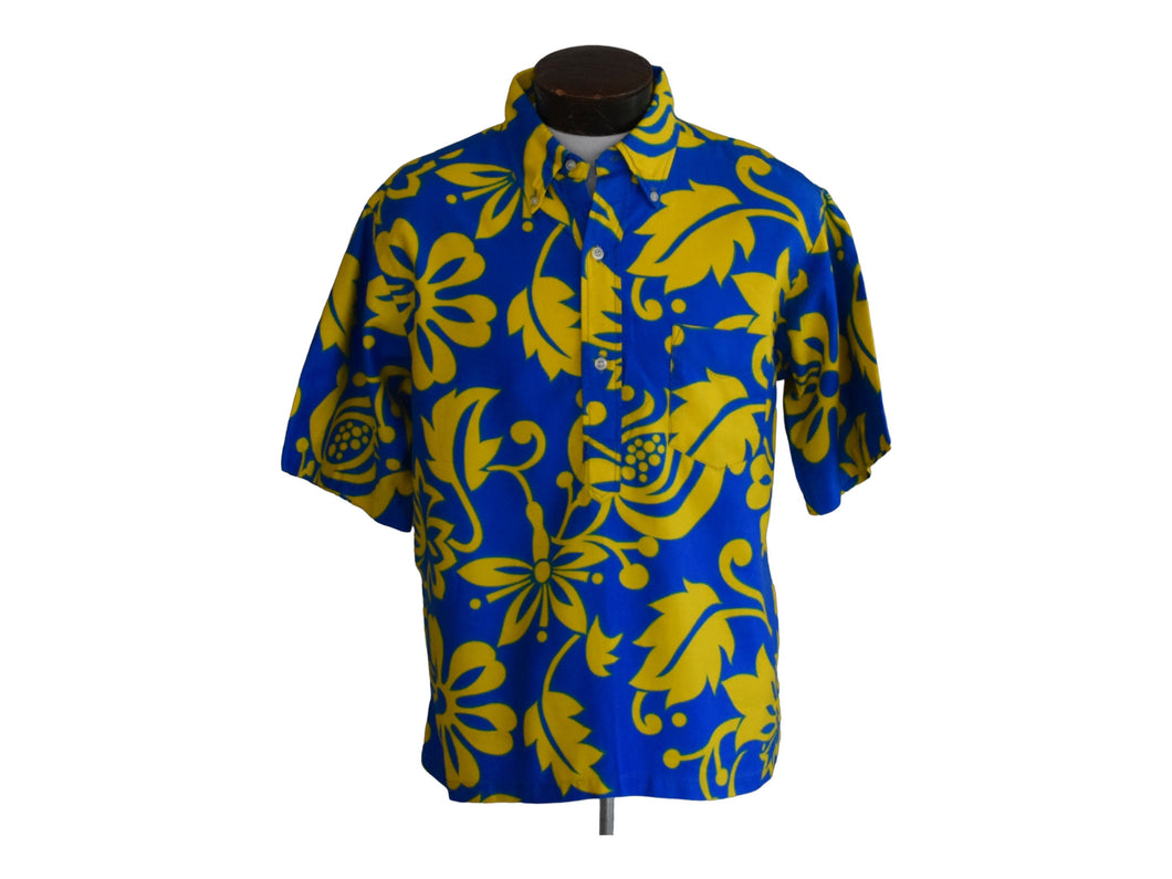 Vintage 60s Hibiscus Print Popover Hawaiian Everglaze Minicare Shirt Size Medium to Large