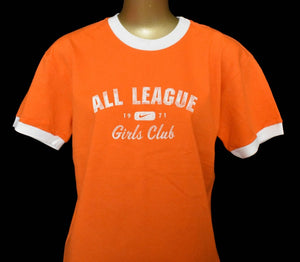 Vintage 90s Women's Orange Nike All League Girls Club Ringer Tee Size Medium to Large