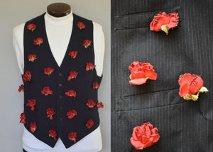 Vintage 90s Black Pinstripe Art Vest with Roses Size XL