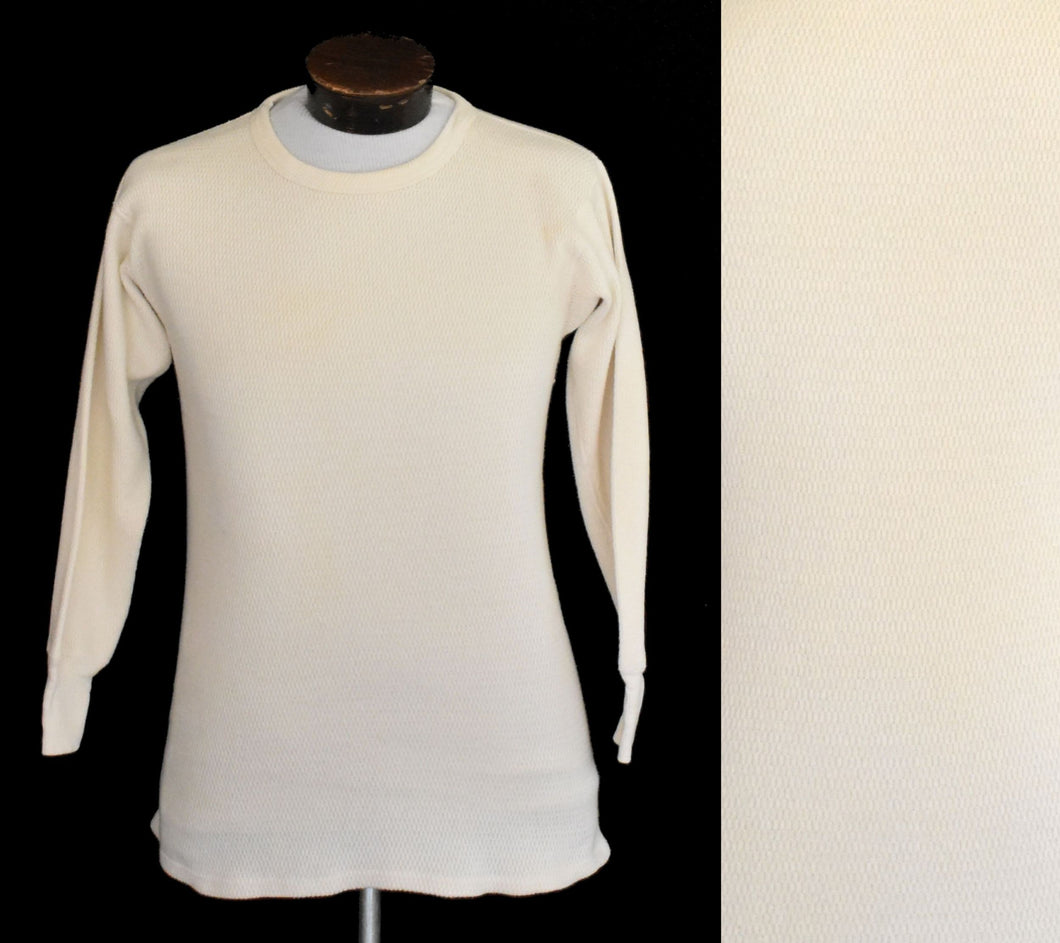Vintage 60s Waffle Knit White Long Sleeve Thermal Top Size Medium to Large